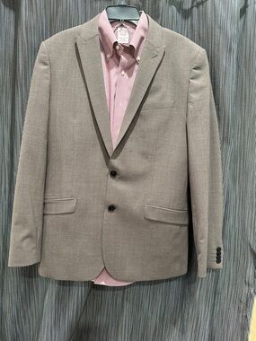 Express Taupe Blazer with Pink Button-Down Shirt